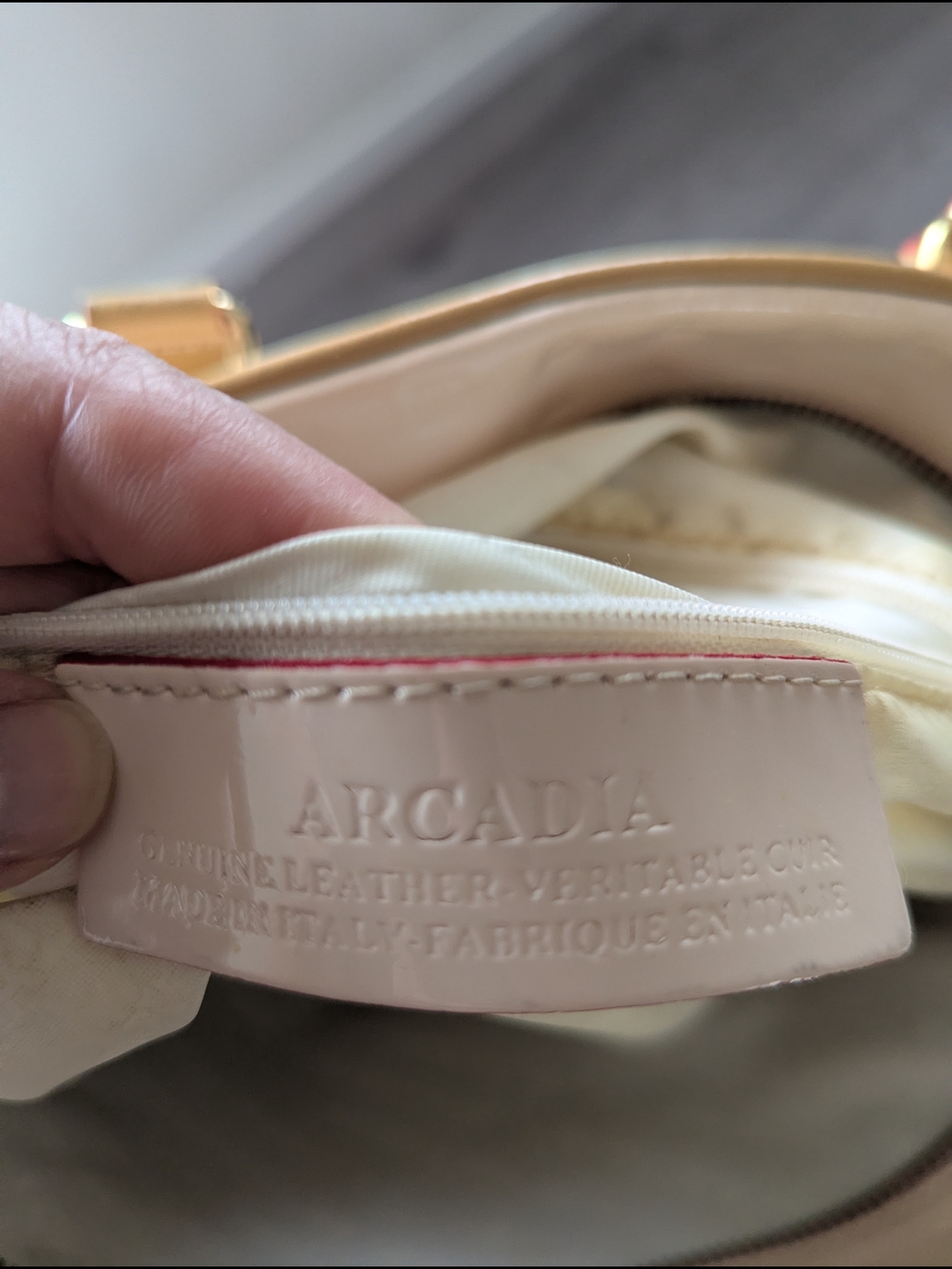 Arcadia Classic Patent Leather Satchel Crossbody with Gold Hardware and Tan Trim - Picture 7 of 9
